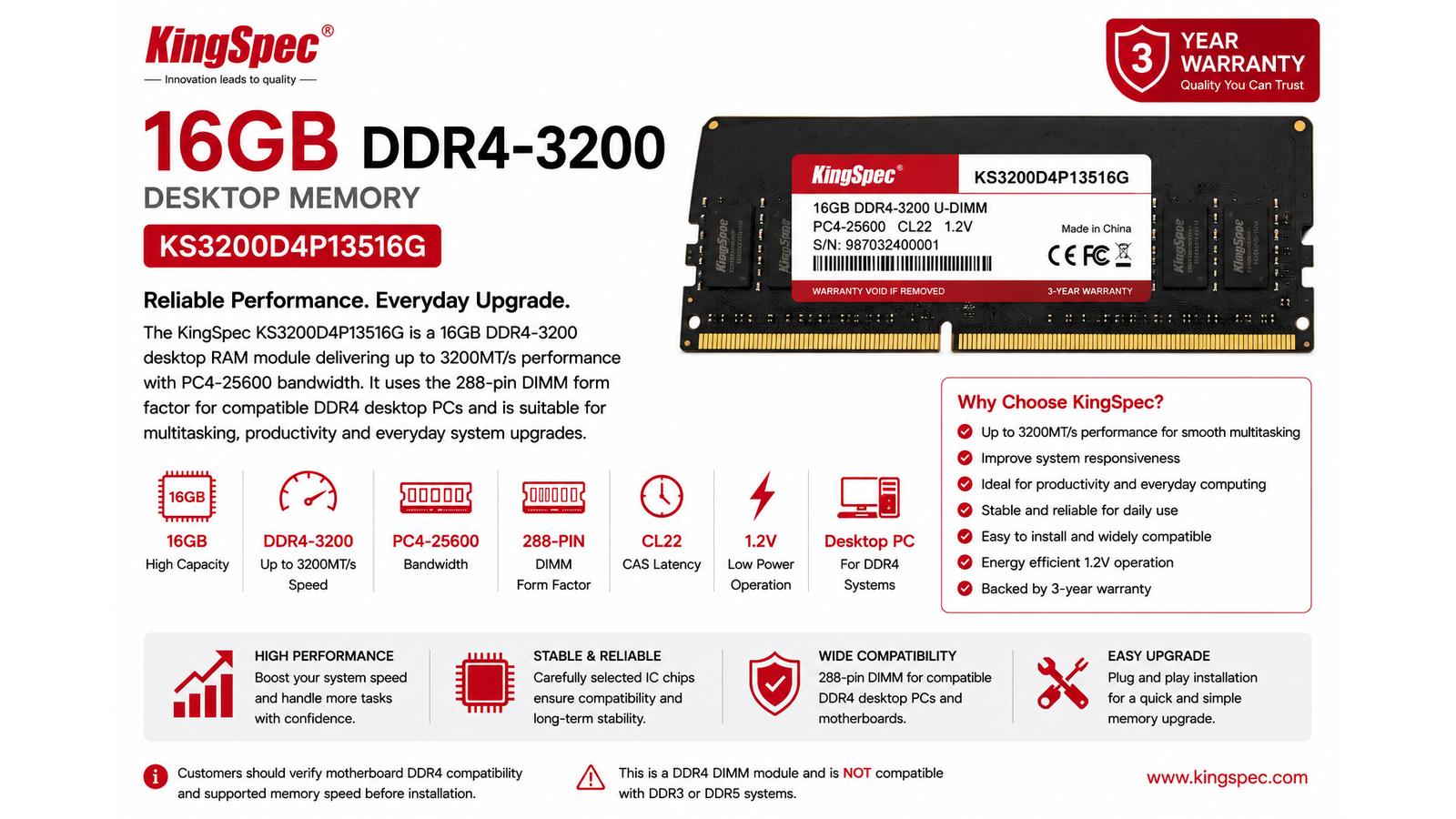 KingSpec KS3200D4P13516G, 16GB DDR4-3200 Desktop RAM, 3200MT/s, PC4-25600, 288-Pin DIMM | KS3200D4P13516G